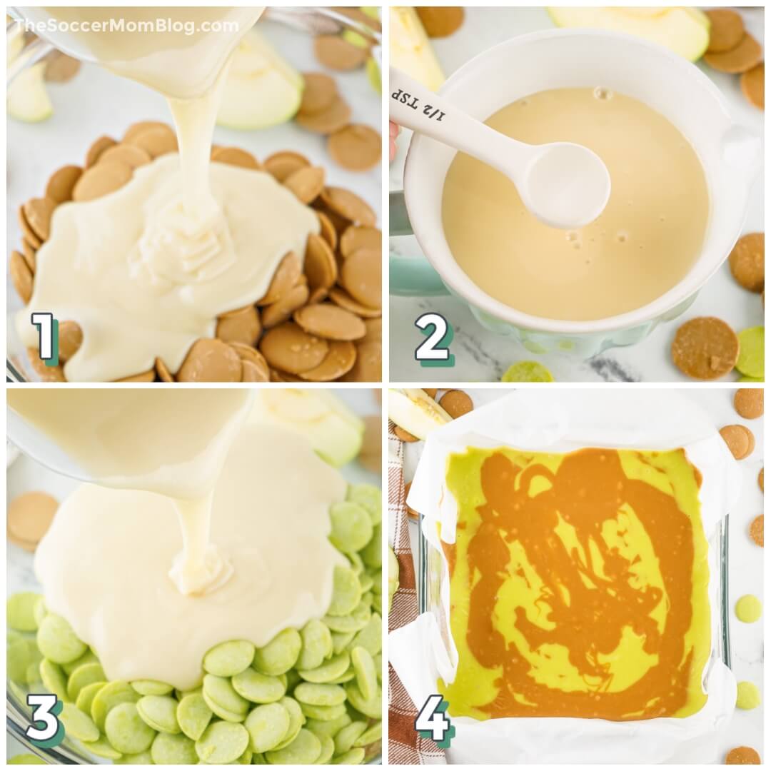 Caramel Apple Fudge Step by Step photos: showing how to melt the candy with condensed milk and swirl in a baking dish