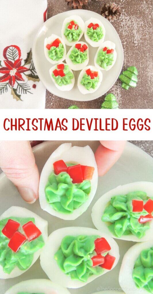 Christmas Wreath Deviled Eggs Pinterest image with 2 photos and recipe name.