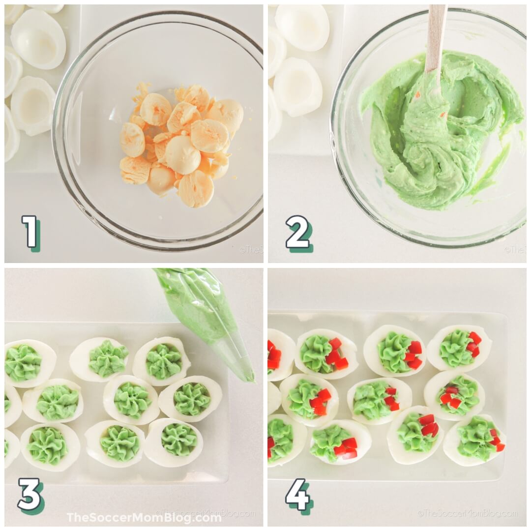 4 step photo collage showing how to make green deviled eggs that look like a Christmas wreath.