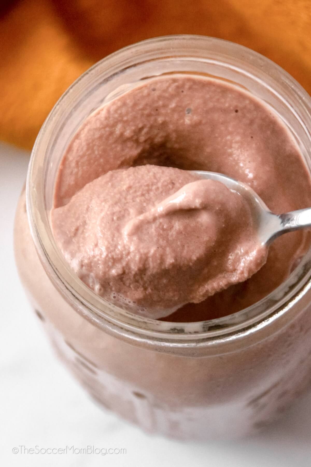 close up of a spoonful of homemade chocolate frosty