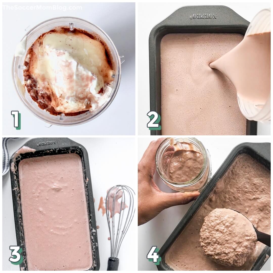 4 step photo collage showing how to make a copycat Wendy's Frosty: mixing, pouring in loaf pan, scooping into mason jar
