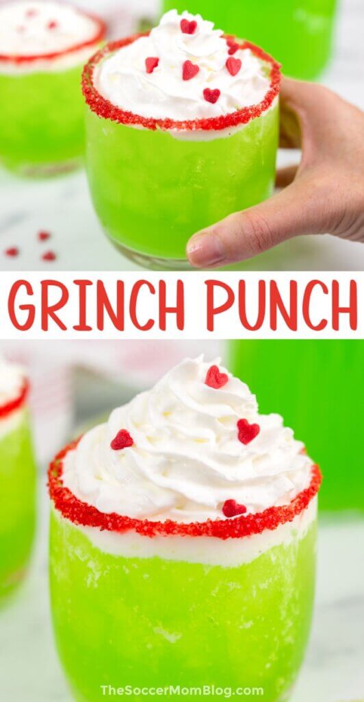 2 photo vertical Pinterest collage showing a lime green Grinch Punch drink.