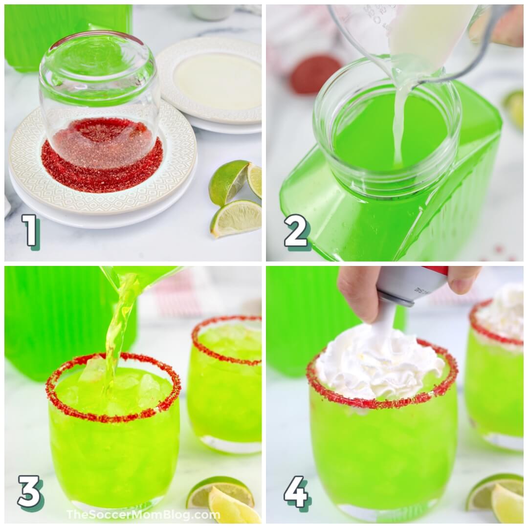 4 step photo collage showing how to make lime green Christmas punch.