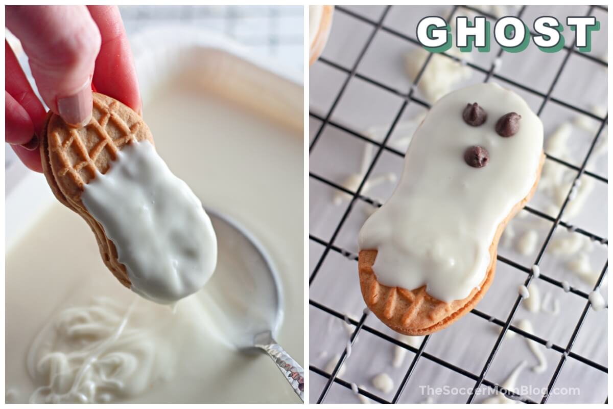 2 photo collage showing how to make Nutter Butter ghost cookies.