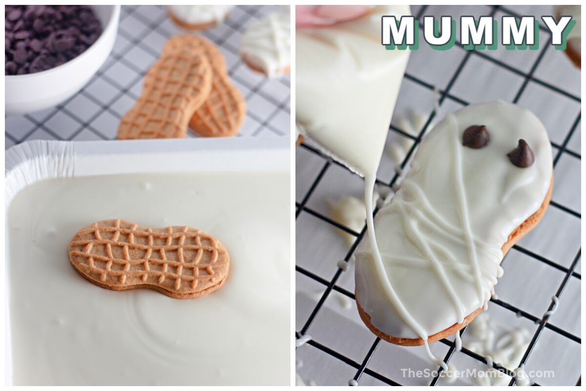 2 photo collage showing how to make white chocolate dipped Nutter Butter mummy cookies.