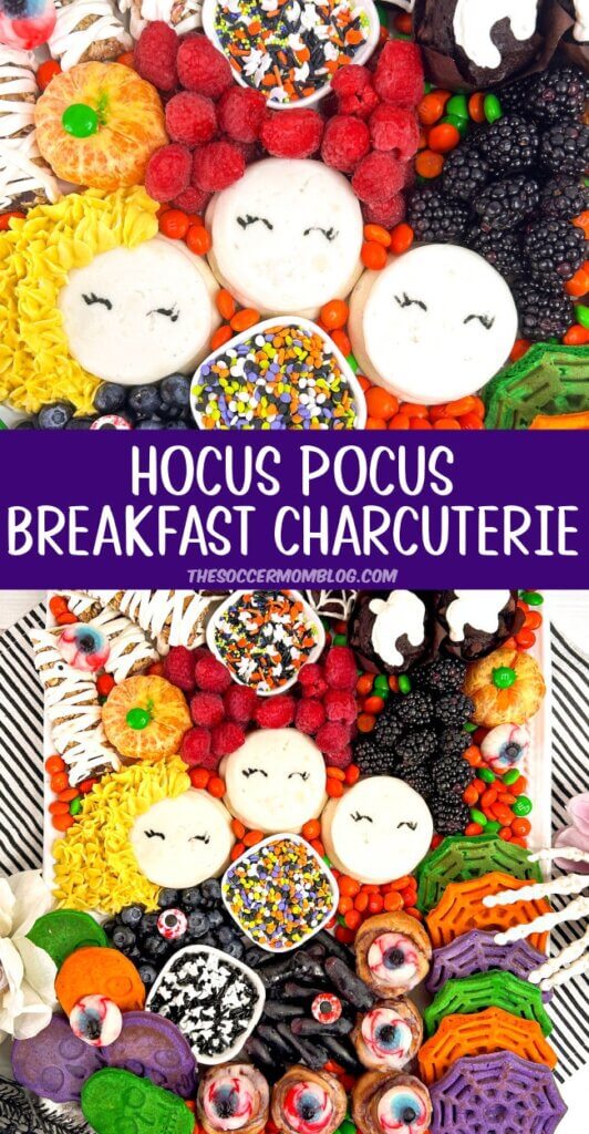 2 photo vertical Pinterest collage showing a Hocus Pocus breakfast charcuterie board, with text overlay of recipe name