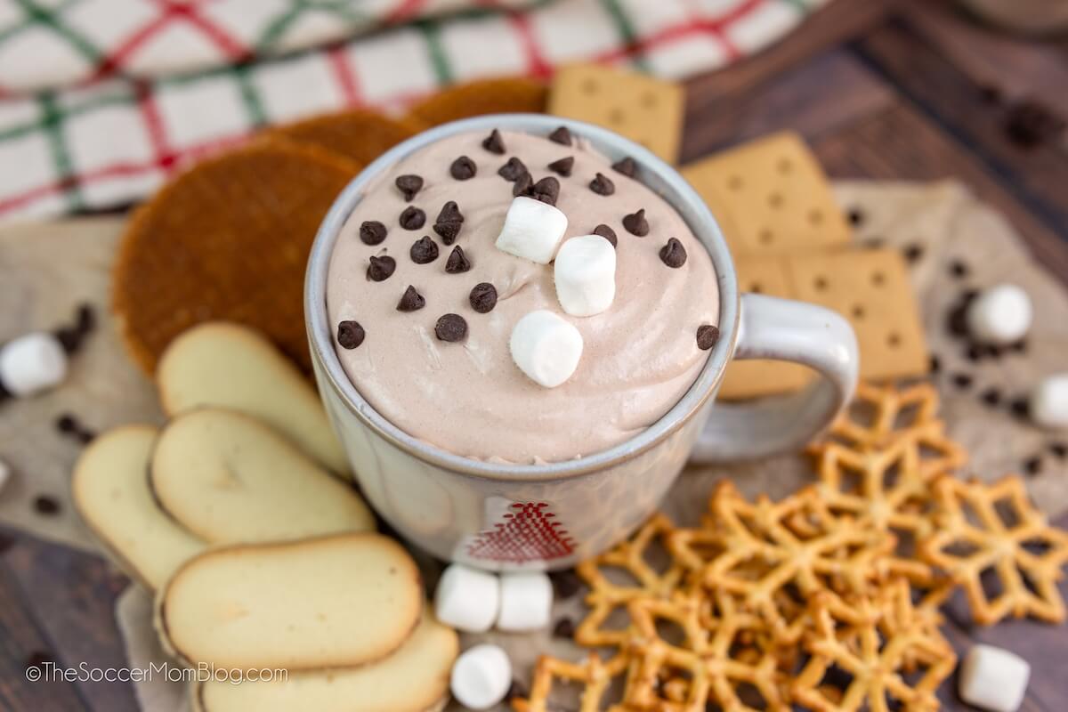 top down view of hot chocolate dessert dip surrounded by cookies and pretzels.