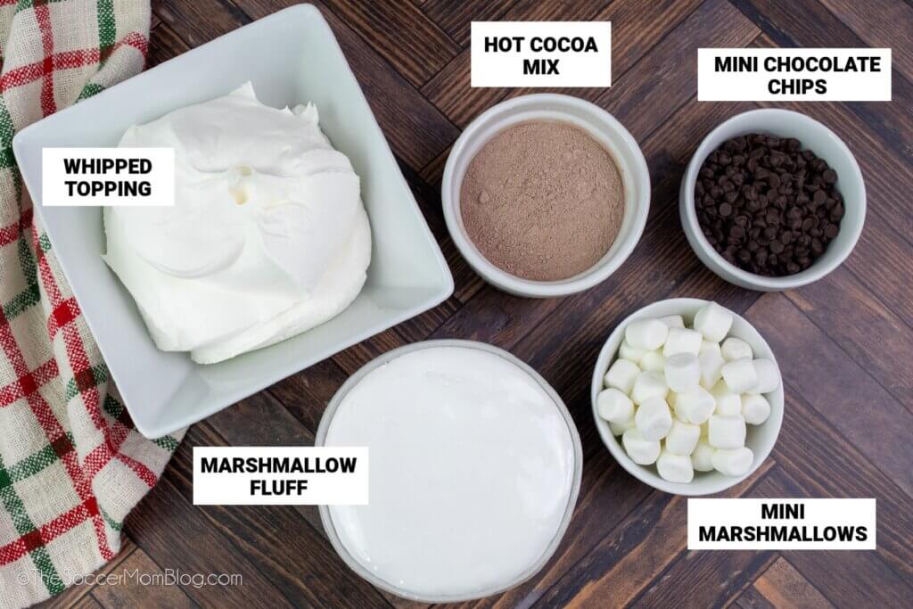 hot chocolate dip ingredients, with text labels: whipped topping, hot cocoa mix, marshmallow fluff, mini marshmallows, mini chocolate chips.