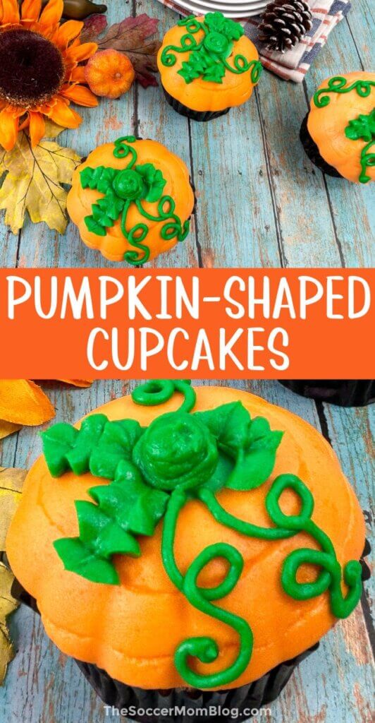 2 photo vertical Pinterest collage showing pumpkin shaped cupcakes.