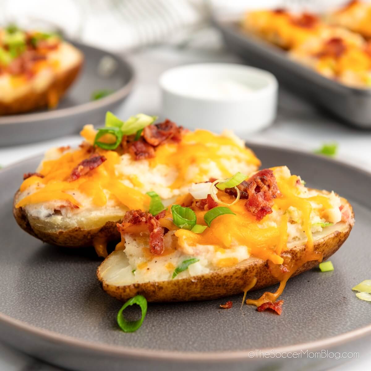 Twice Baked Potatoes on a serving plate.