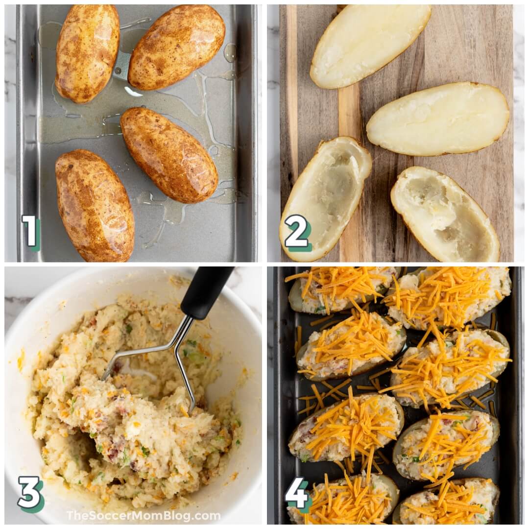 4 step photo collage showing how to make twice-baked potatoes.