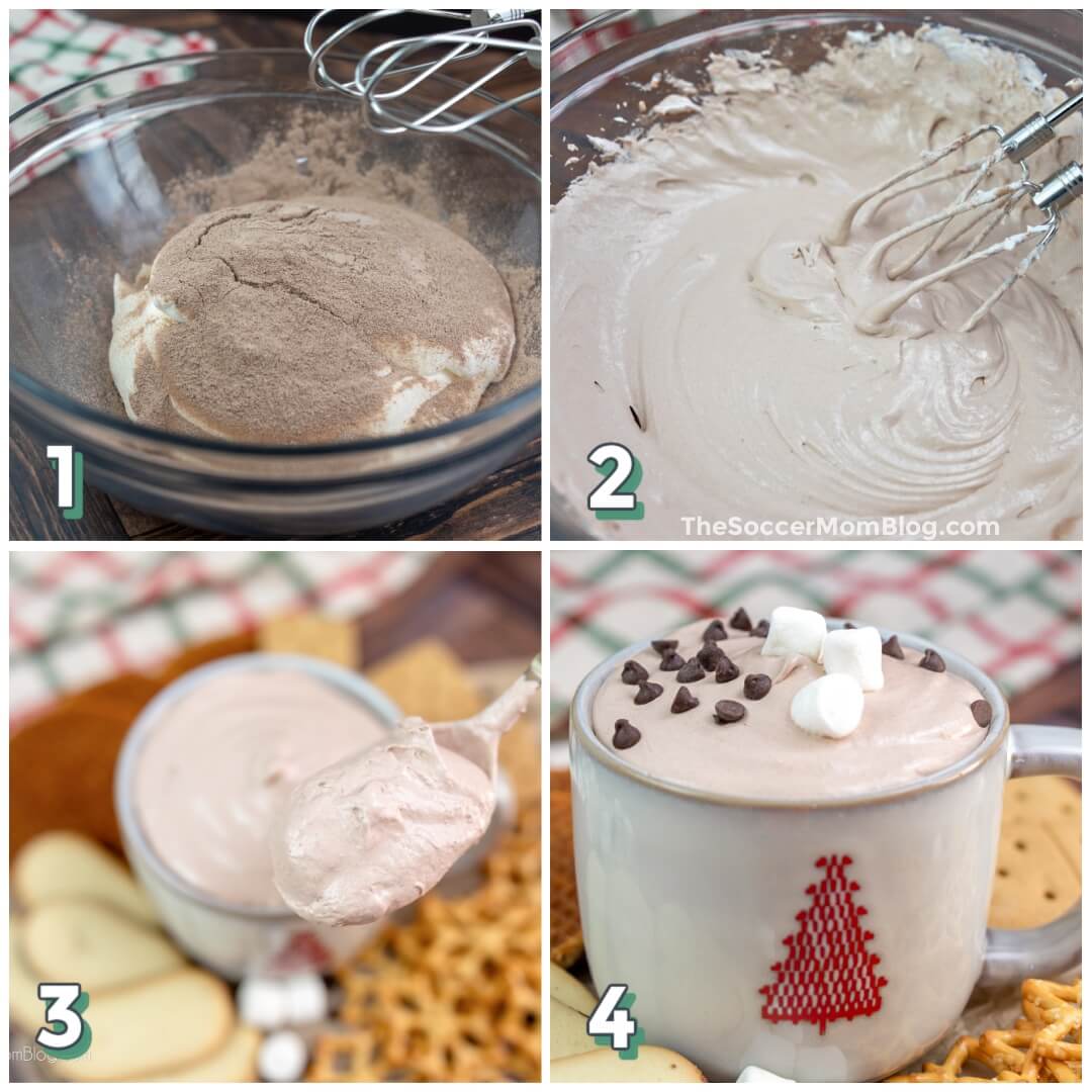 4 step photo collage showing how to make hot cocoa dip with a mixer.