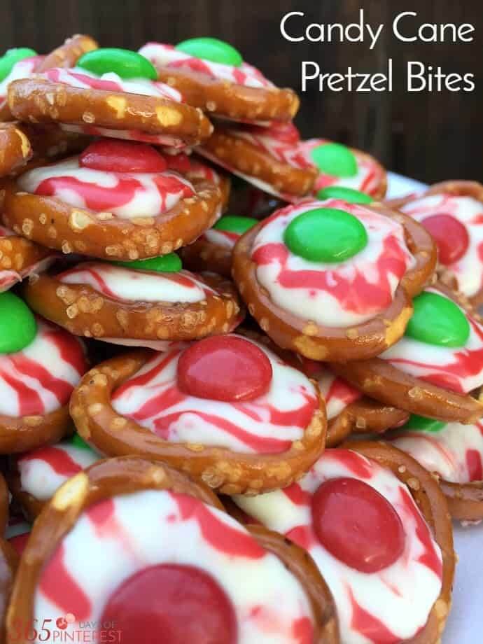 pretzel twists topped with melted peppermint Hershey kisses and M&Ms.