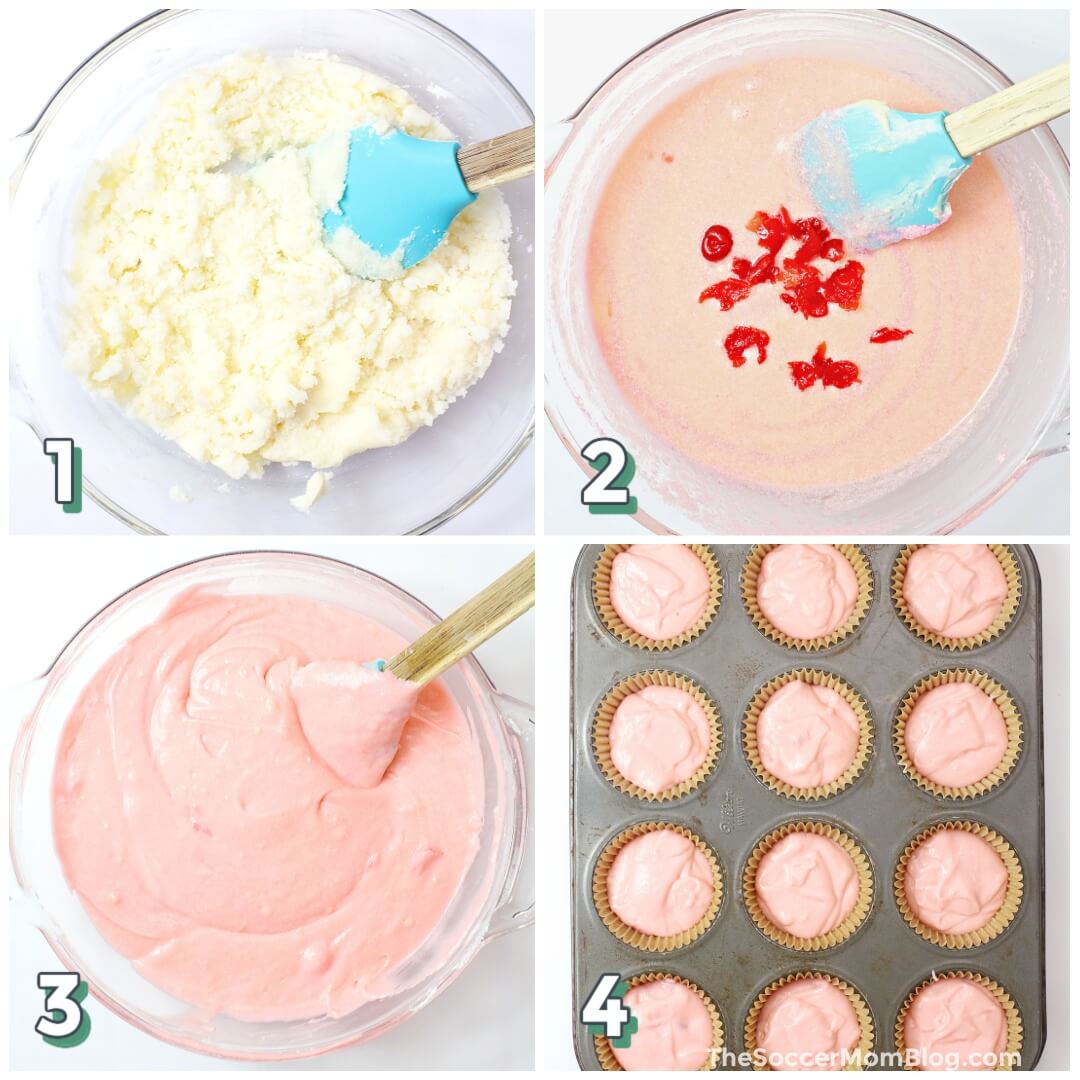 4 step photo collage showing how to make cherry cupcakes.