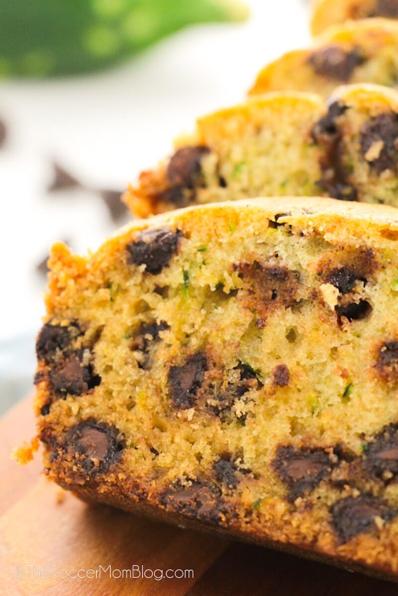 Chocolate Chip Zucchini Bread, close up to show detail.