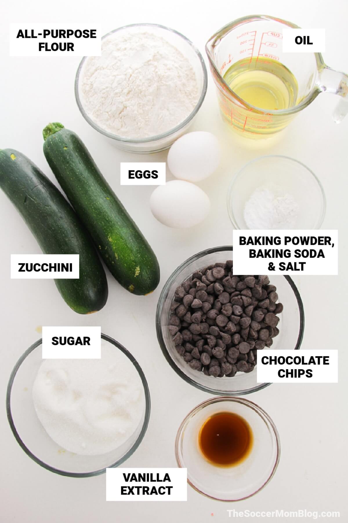 Chocolate Chip Zucchini Bread ingredients, with text labels.