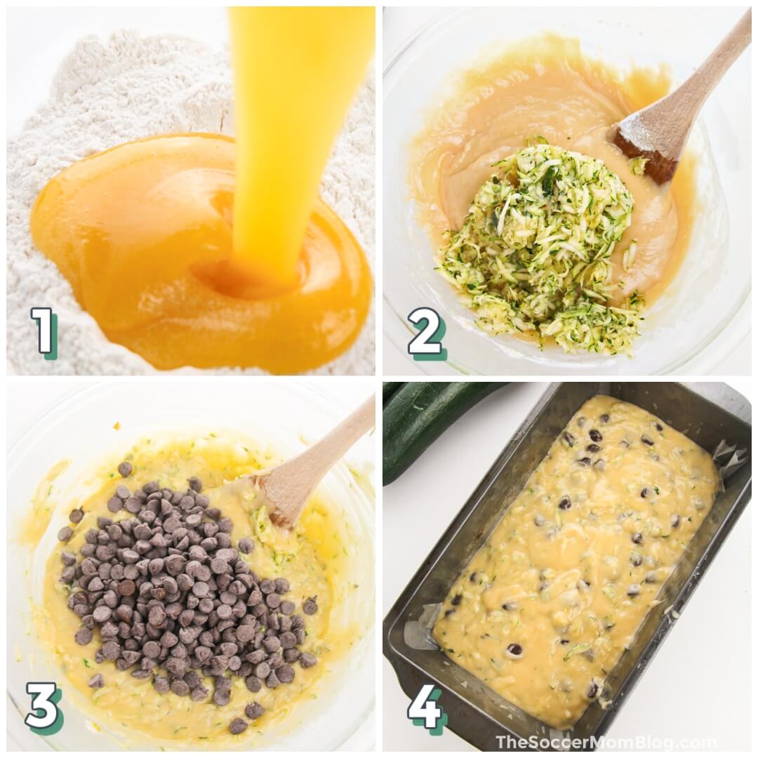 4 step photo collage showing how to make zucchini bread with chocolate chips.