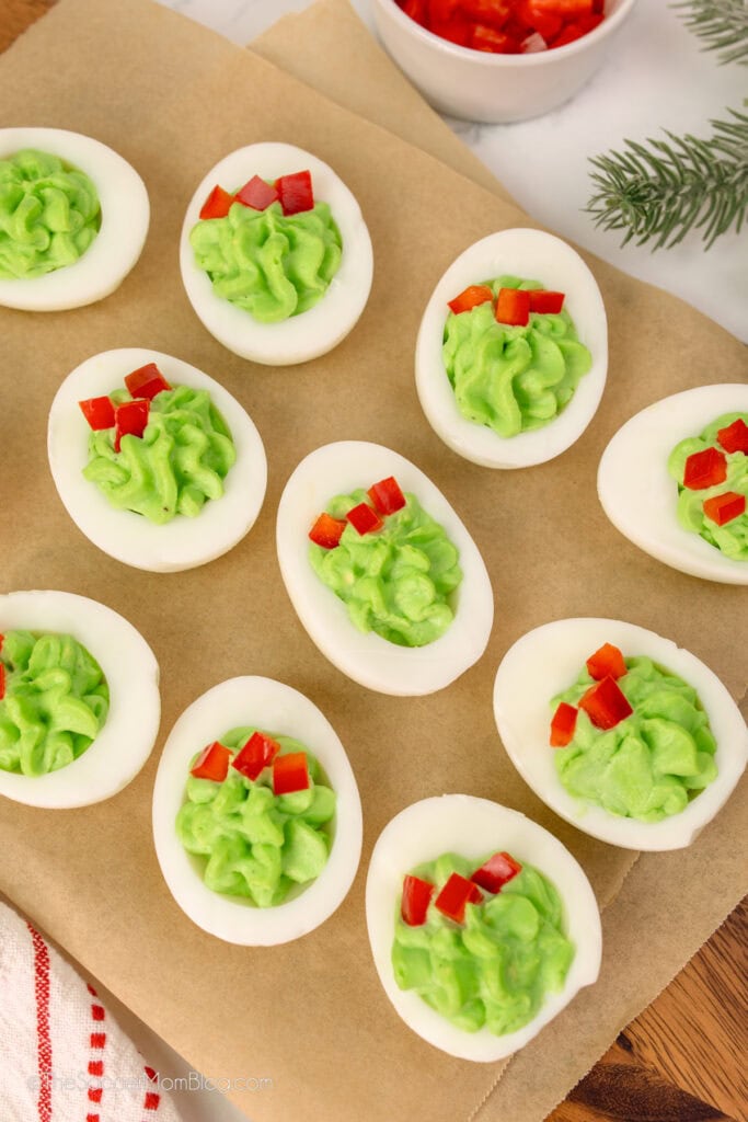 green deviled eggs for Christmas.