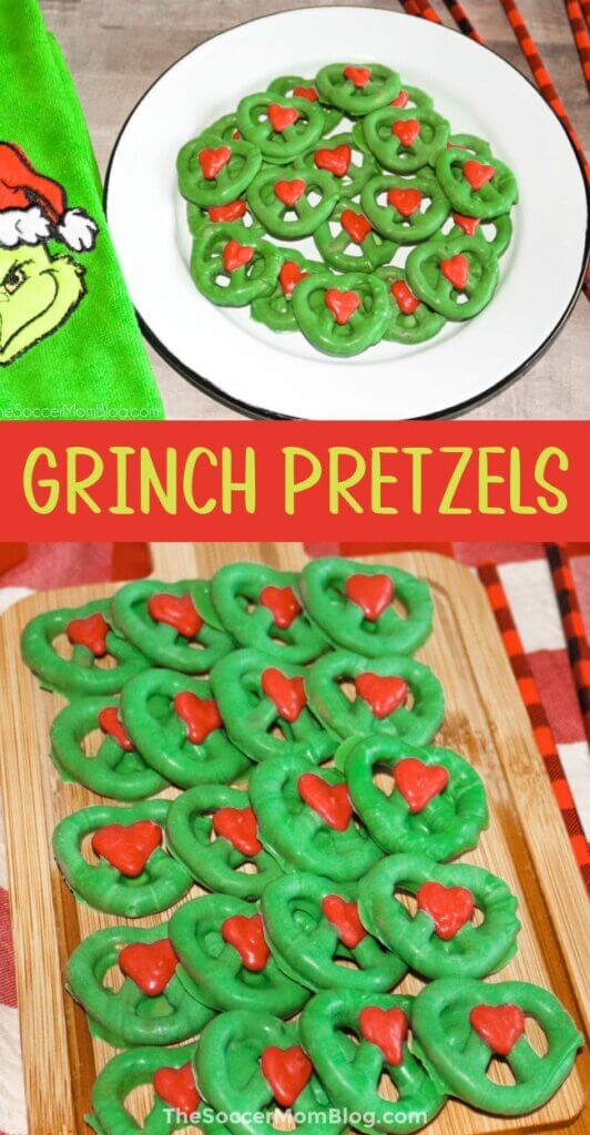 2 photo vertical Pinterest collage of green candy coated pretzels and text overlay "Grinch Pretzels".
