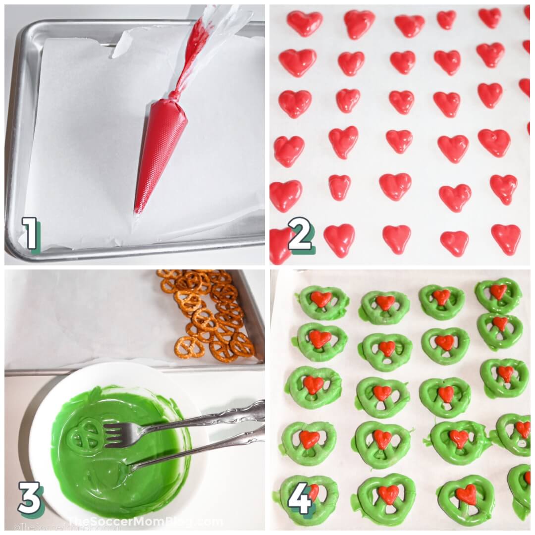 4 step photo collage showing how to make Grinch pretzels with candy melts.