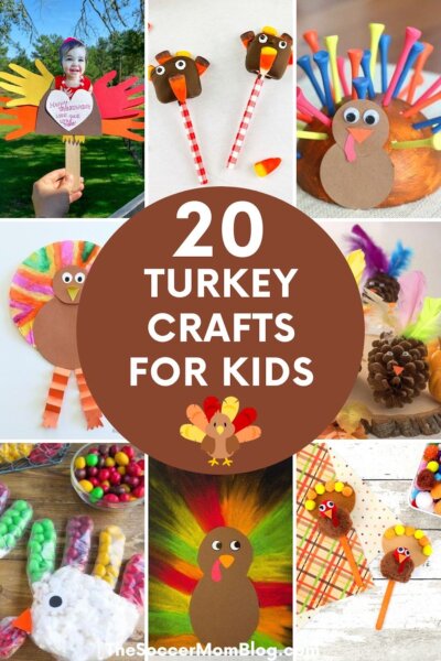 collage image of kid-made turkey crafts, text overlay "20 Turkey Crafts for Kids".