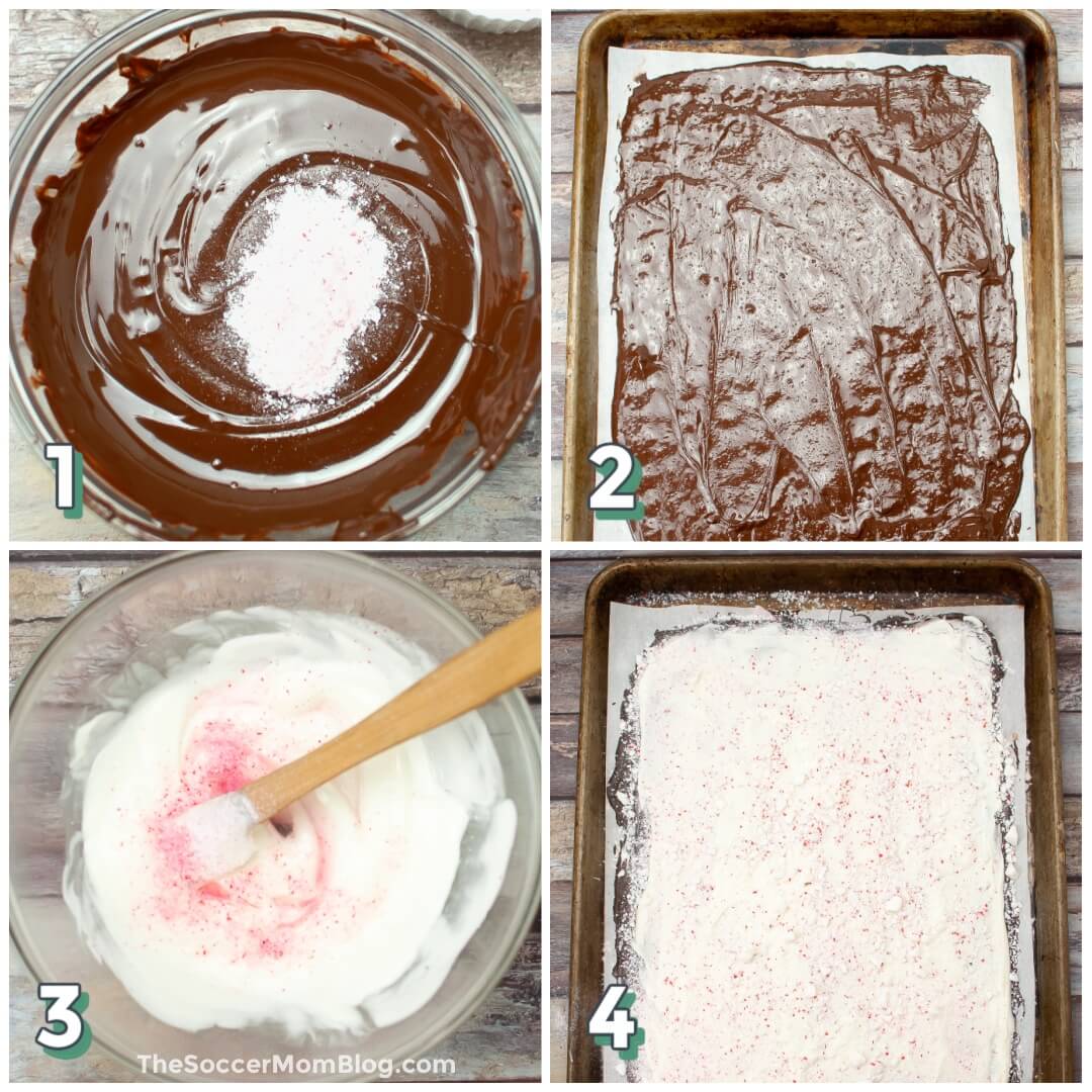 4 step photo collage showing how to make peppermint bark with dark chocolate and white chocolate.