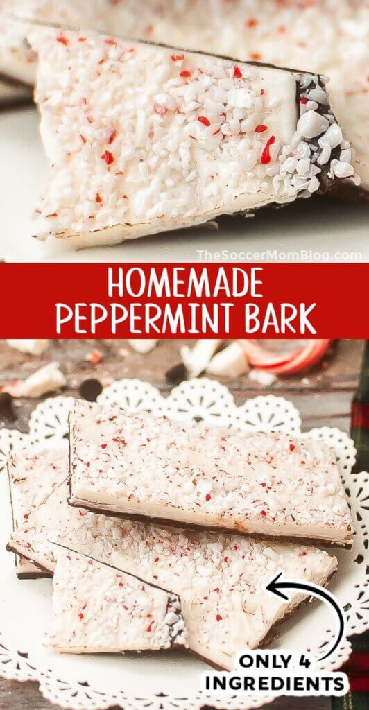 2 photo vertical Pinterest collage showing a homemade peppermint bark recipe.