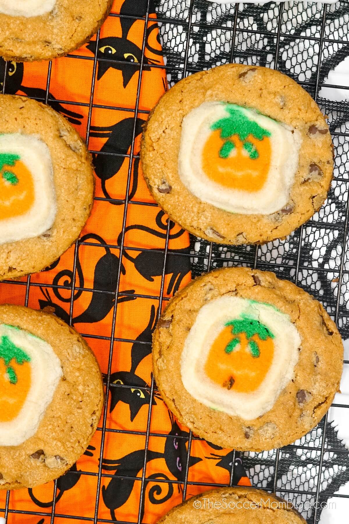 close up of chocolate chip cookies topped with a pumpkin sugar cookie.