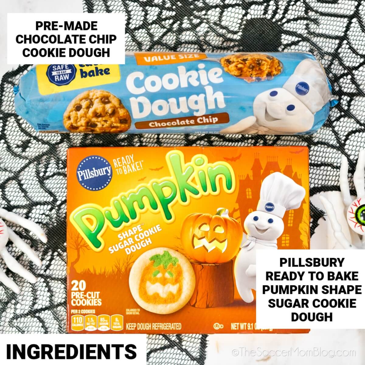 ingredients to make Pillsbury Halloween cookies: chocolate chip cookie dough, ready to bake Pumpkin shape sugar cookie dough.