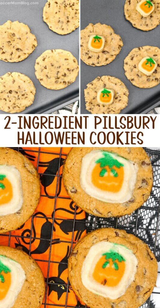 3 photo vertical Pinterest collage showing 2-ingredient Pillsbury Halloween Cookies.