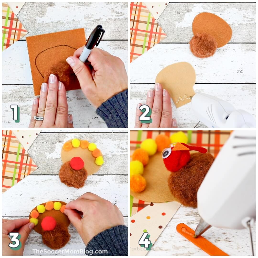 4 step photo collage showing how to make a turkey puppet with pom poms and popsicle sticks.