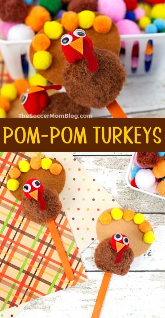 2 photo vertical Pinterest collage showing pom pom turkeys craft.