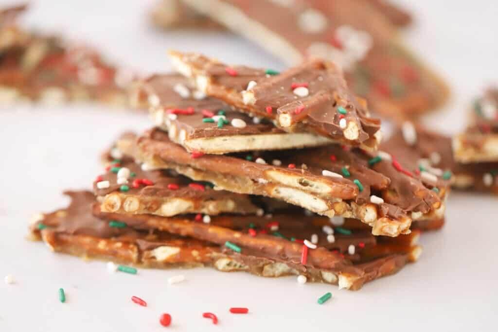 pretzel toffee candy with holiday sprinkles.