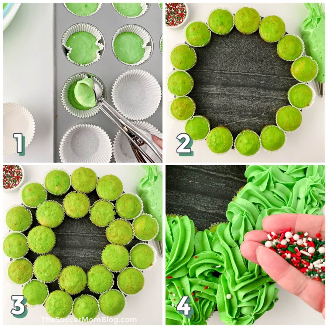 4-step photo collage showing making green cupcakes and arranging them in a circle like a holiday wreath.