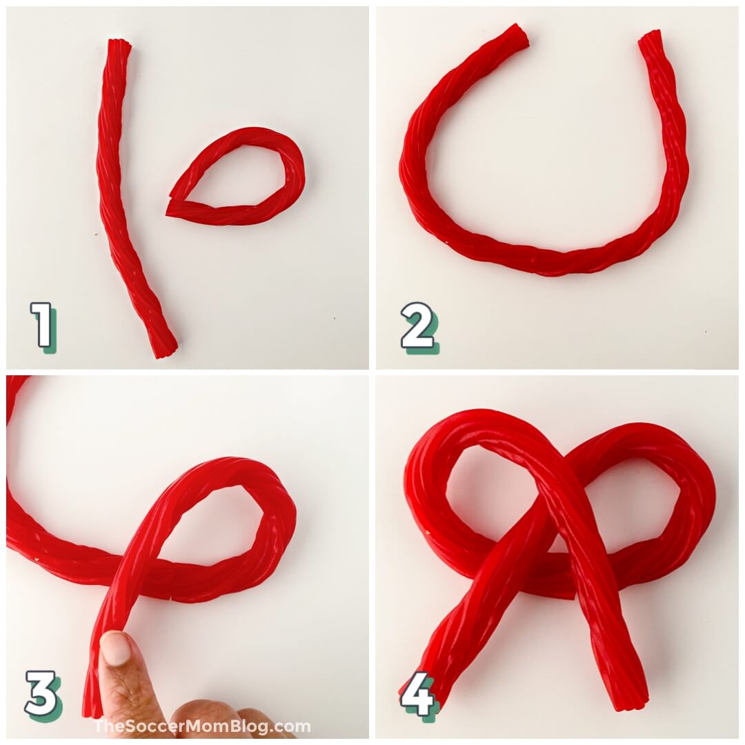 4 step photo collage showing how to make a candy bow with red Twizzlers.