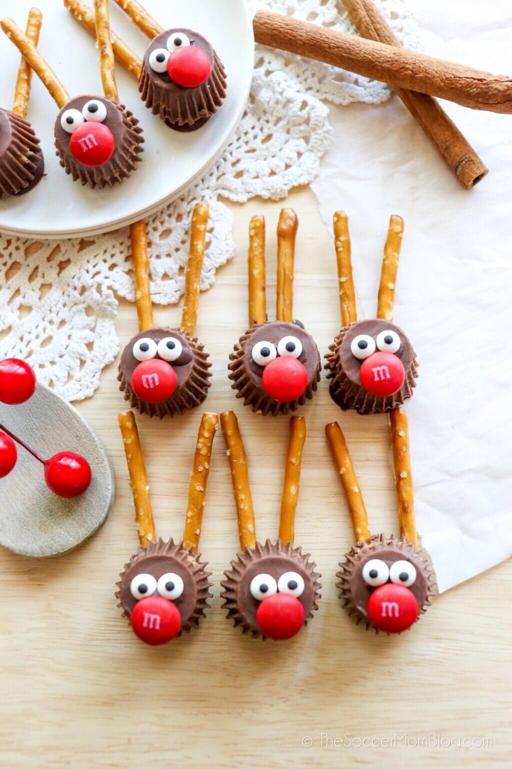 miniature peanut butter cups decorated to look like reindeer.