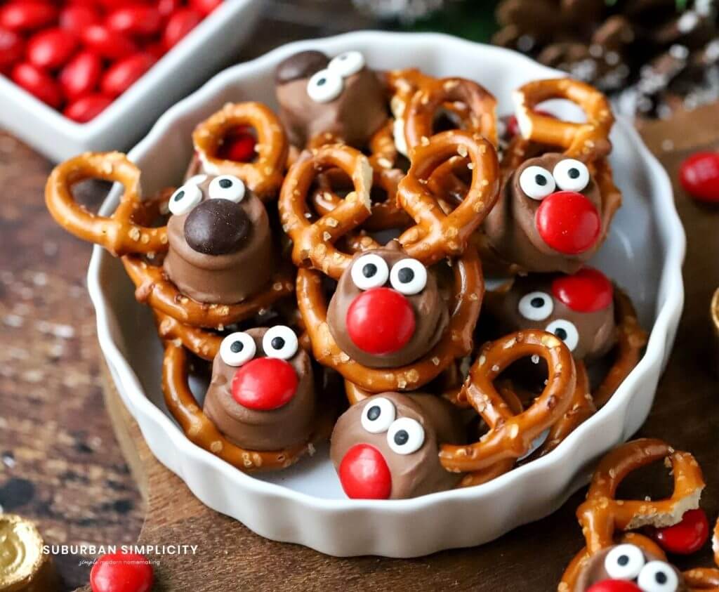 pretzel twists decorated to look like reindeer.