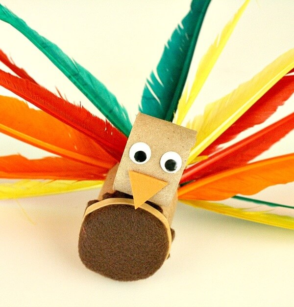turkey craft made with cardboard tube and feathers.