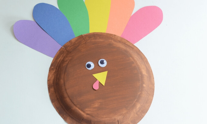 paper plate turkey with construction paper feathers.