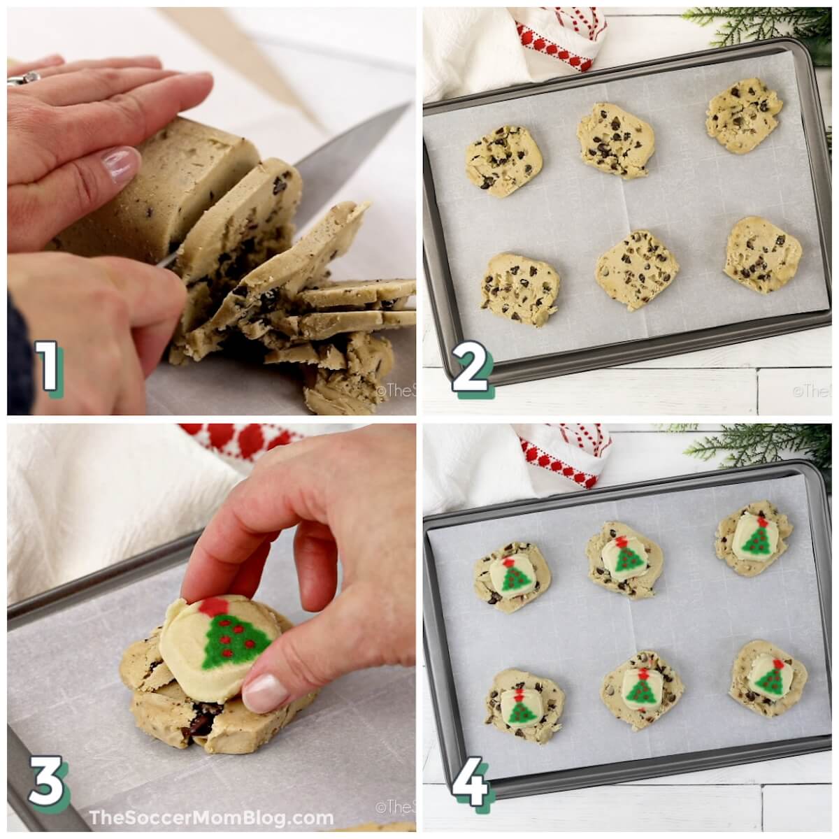 4 step photo collage showing how to make 2 ingredient Christmas cookies with chocolate chip cookie dough and sugar cookie dough.
