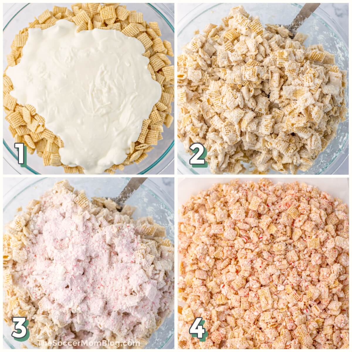 4 step photo collage showing how to make candy coated peppermint puppy chow snack mix.