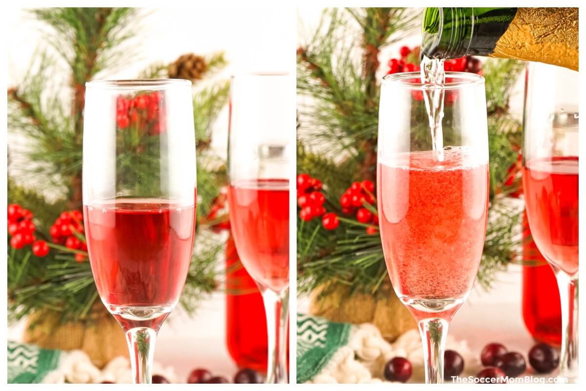 2-step photo collage showing how to make a Christmas mimosa with cranberry juice and champagne.