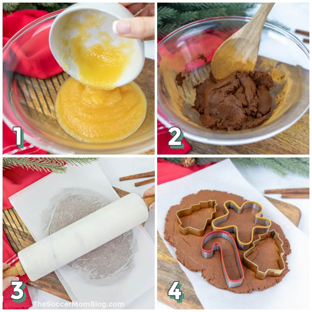 4 step photo collage showing how to make homemade cinnamon applesauce ornaments.
