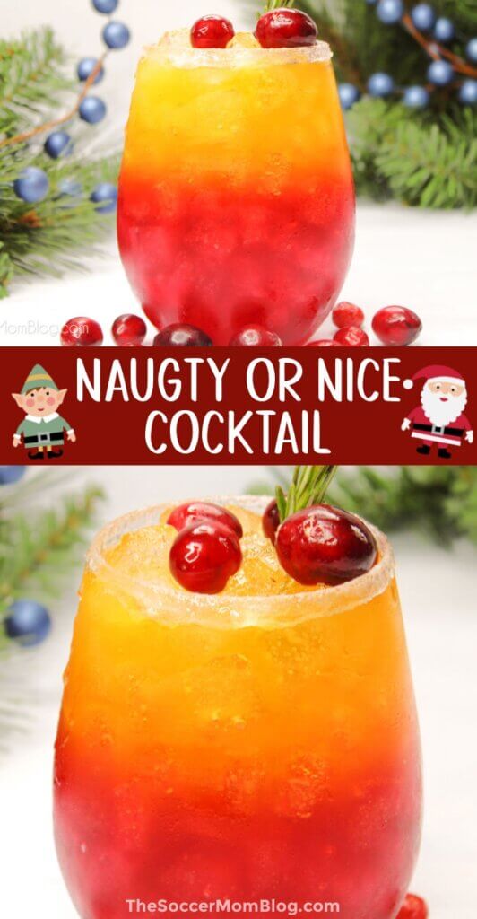 2 photo vertical Pinterest collage of a layered "Naughty or Nice" cocktail.
