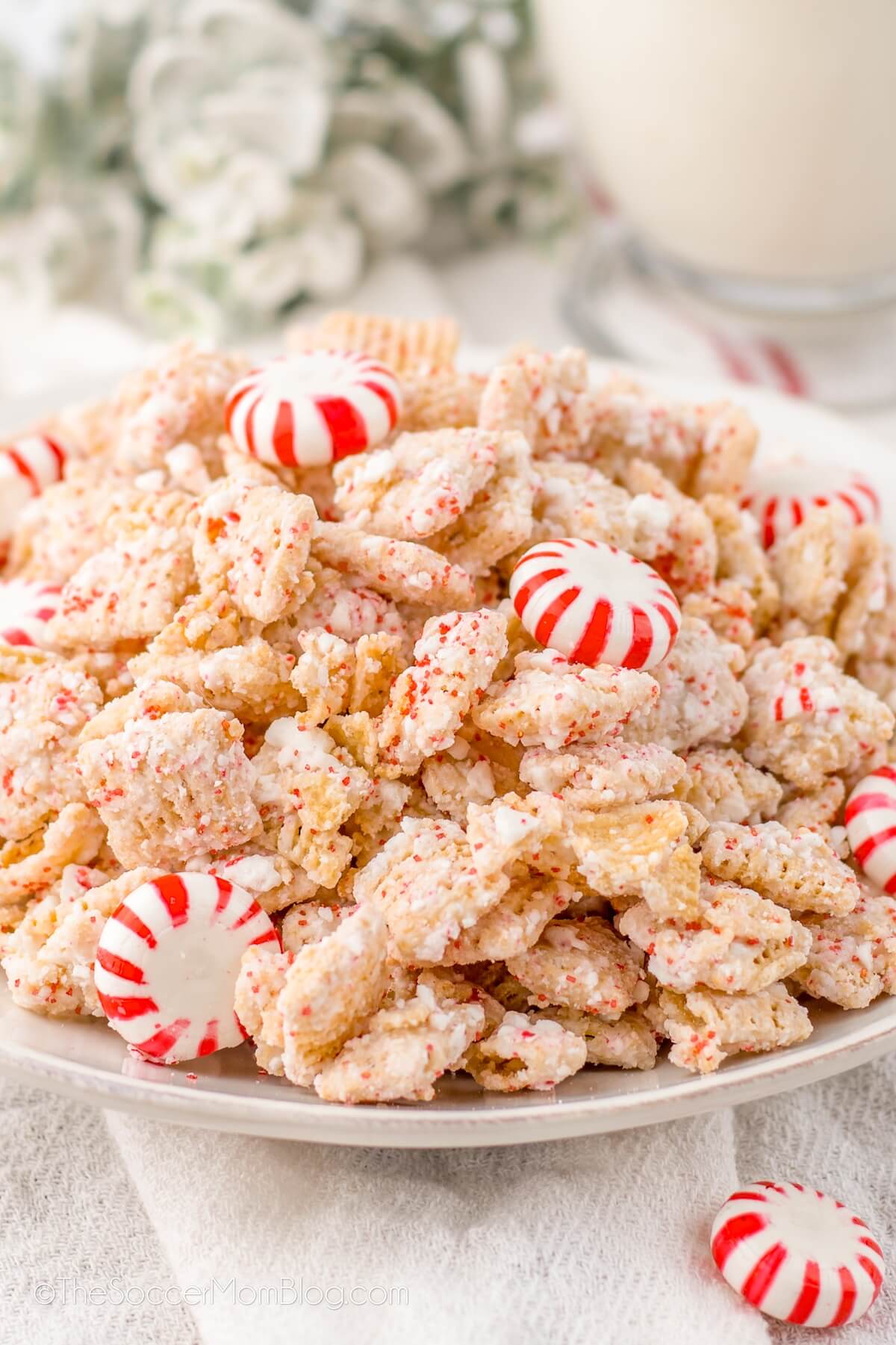 plate of candy cane chex mix.
