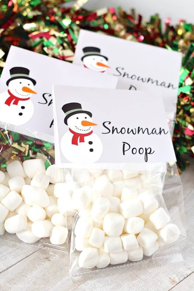 bags of mini marshmallows labeled "snowman poop" funny Christmas party favors.