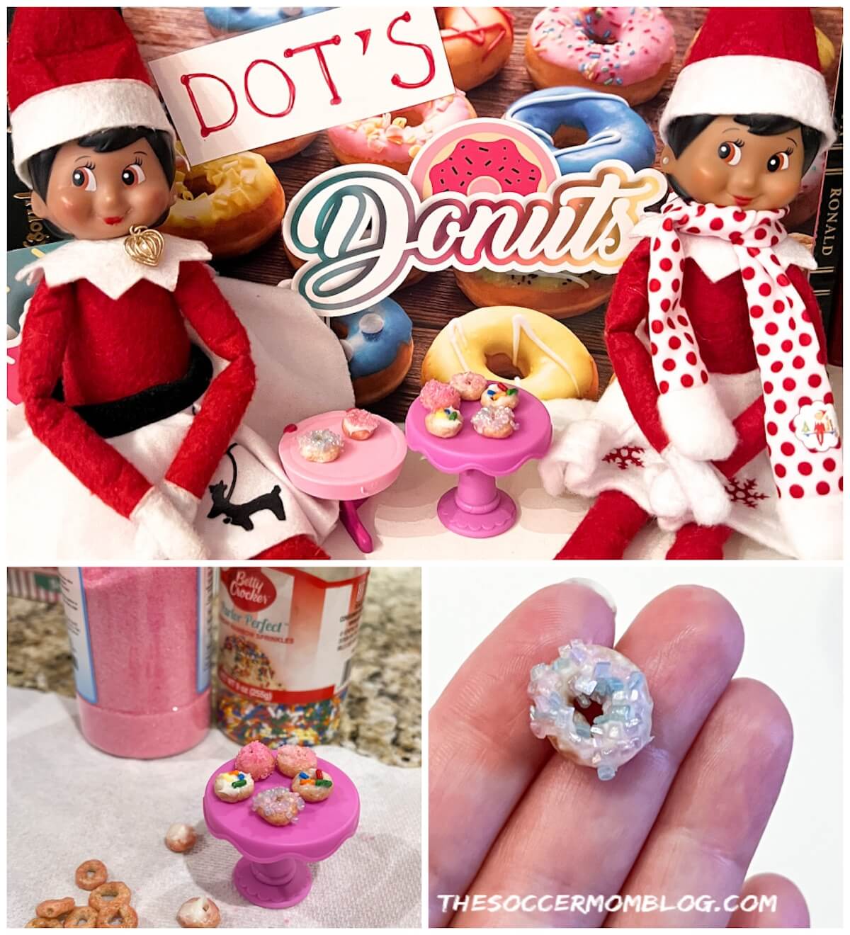 collage image of Elf dolls with Cheerio "donuts".