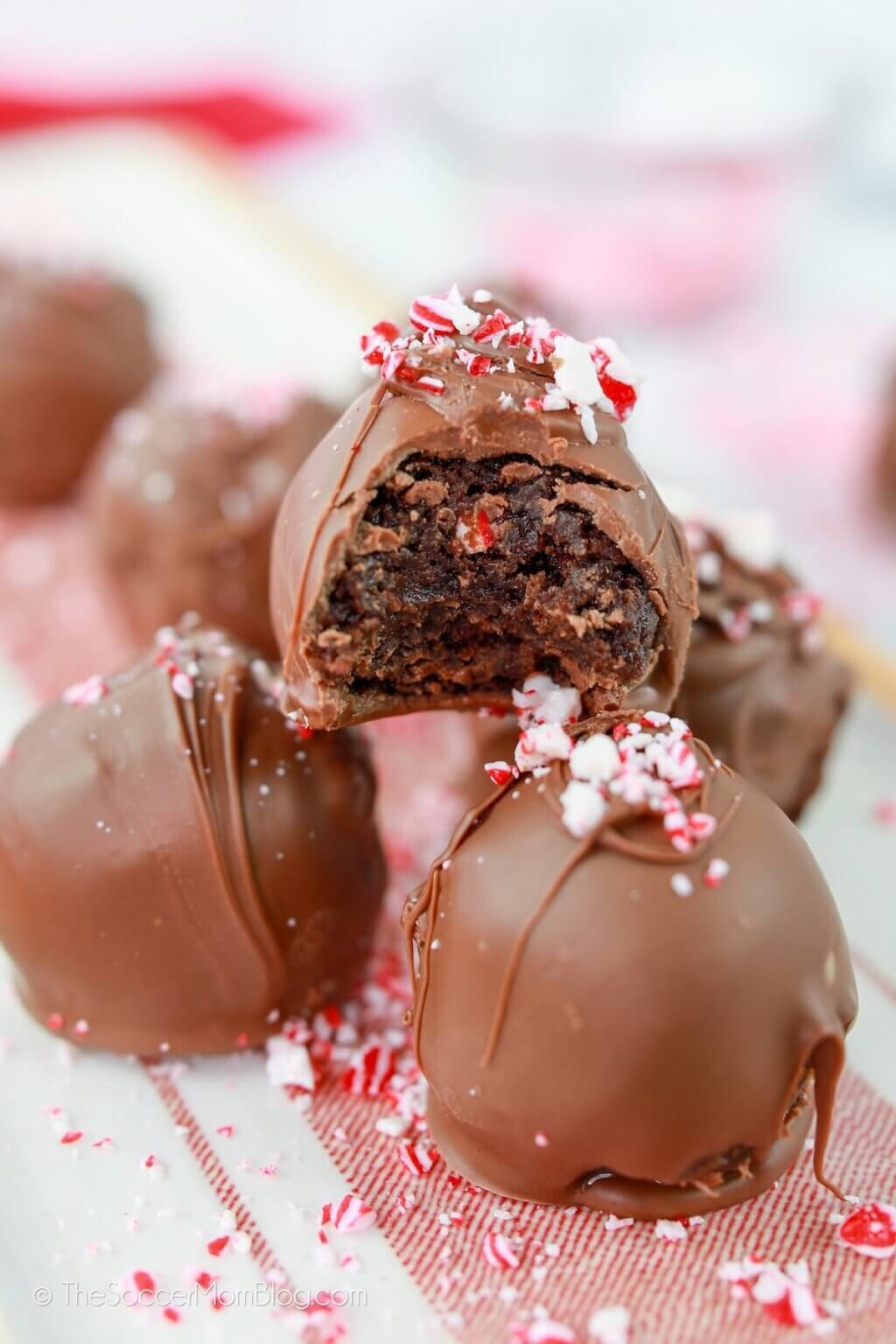 peppermint brownie truffles coated in chocolate and crushed candy canes.