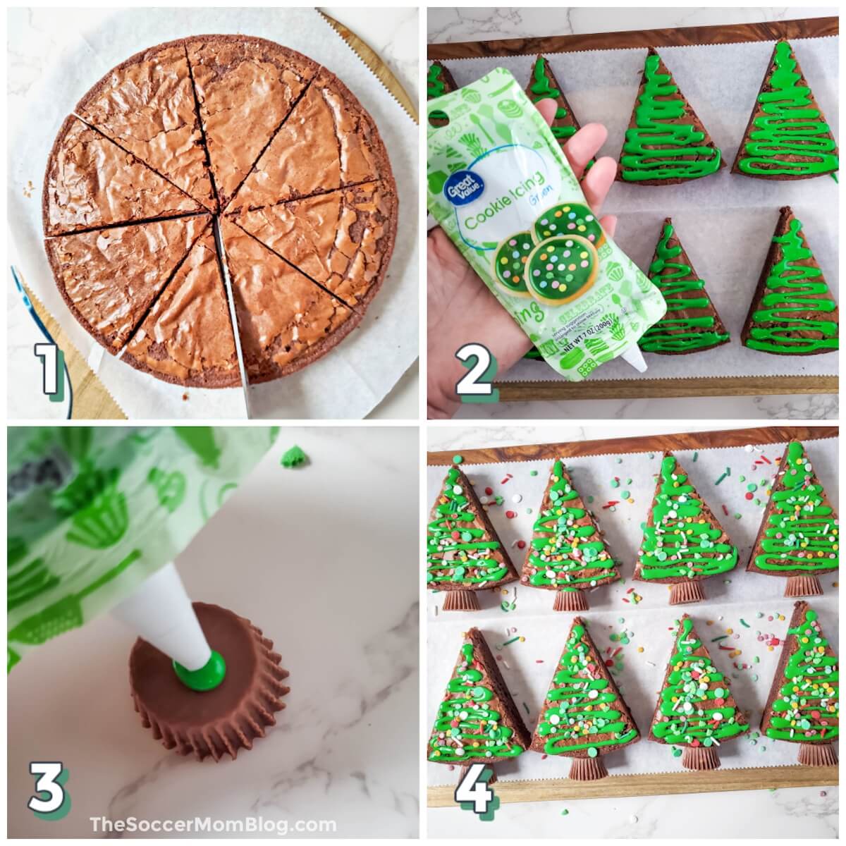 4 step photo collage showing how to make Christmas tree brownies.