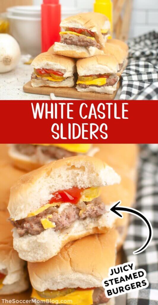 2 photo vertical Pinterest collage for White Castle slider recipe.